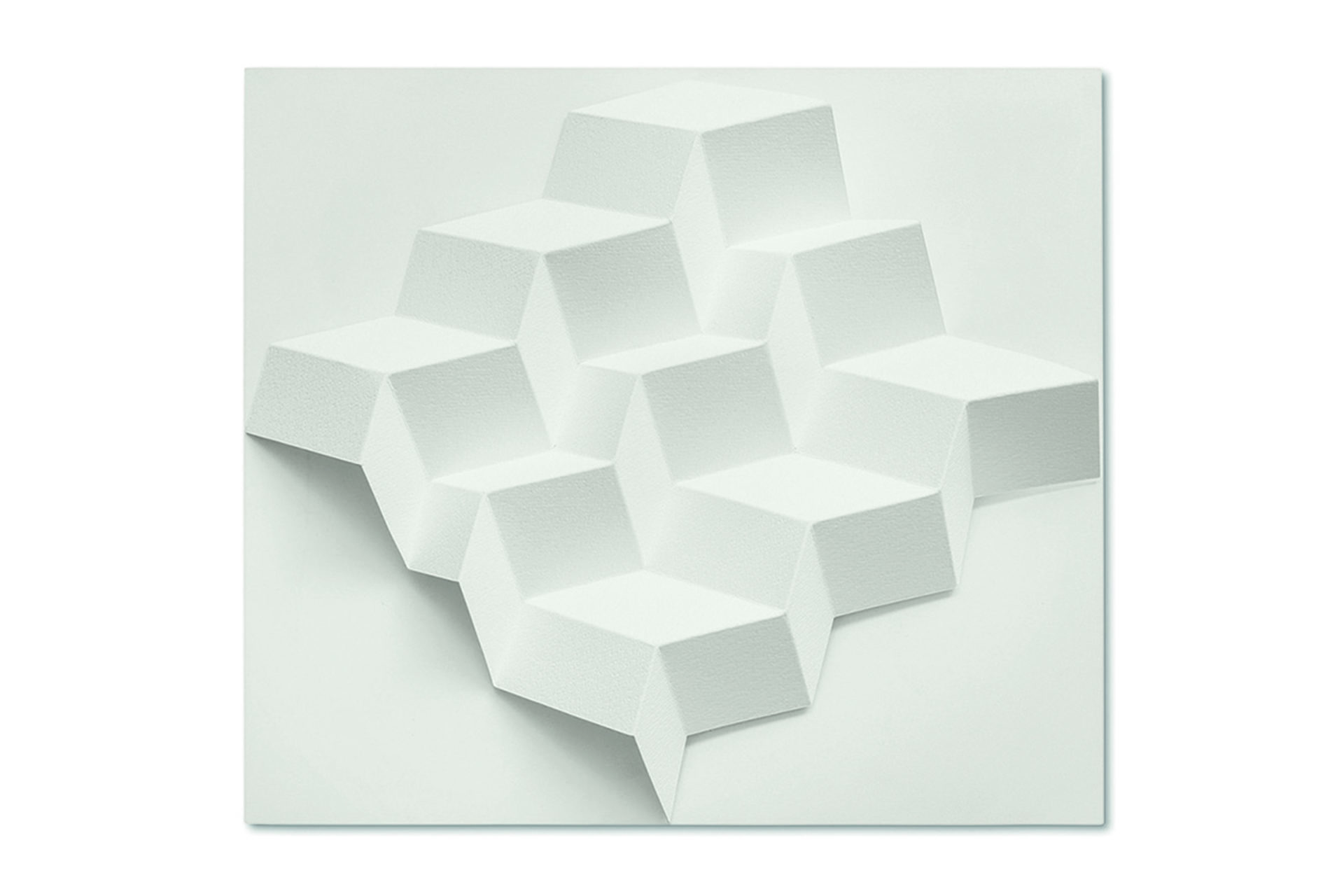 12 Quadrate und 6 Rechtecke – 2022, Fabriano Bütten 640g, gefaltet, Acrylglashaube, 55 x 62 x 10 cm